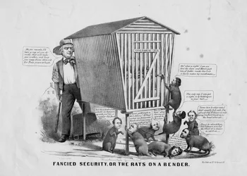 Sécurité imaginaire, ou, Les rats en goguette, publié par Currier et Ives, New York, vers 1856